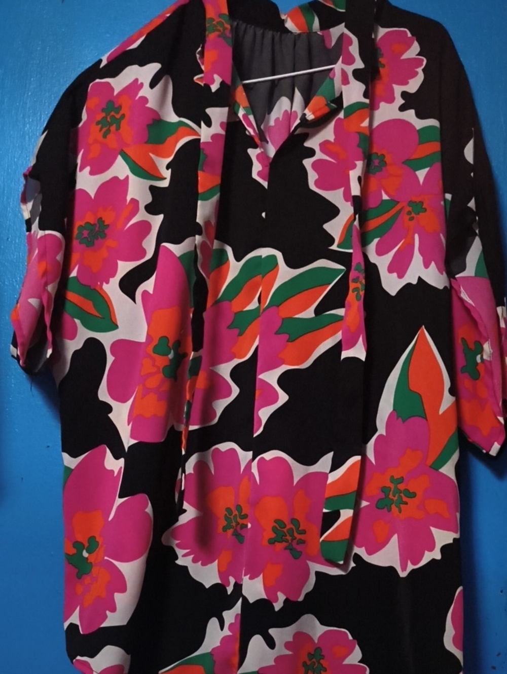 Black Floral Tie-Neck Blouse with Pink & Green Accents